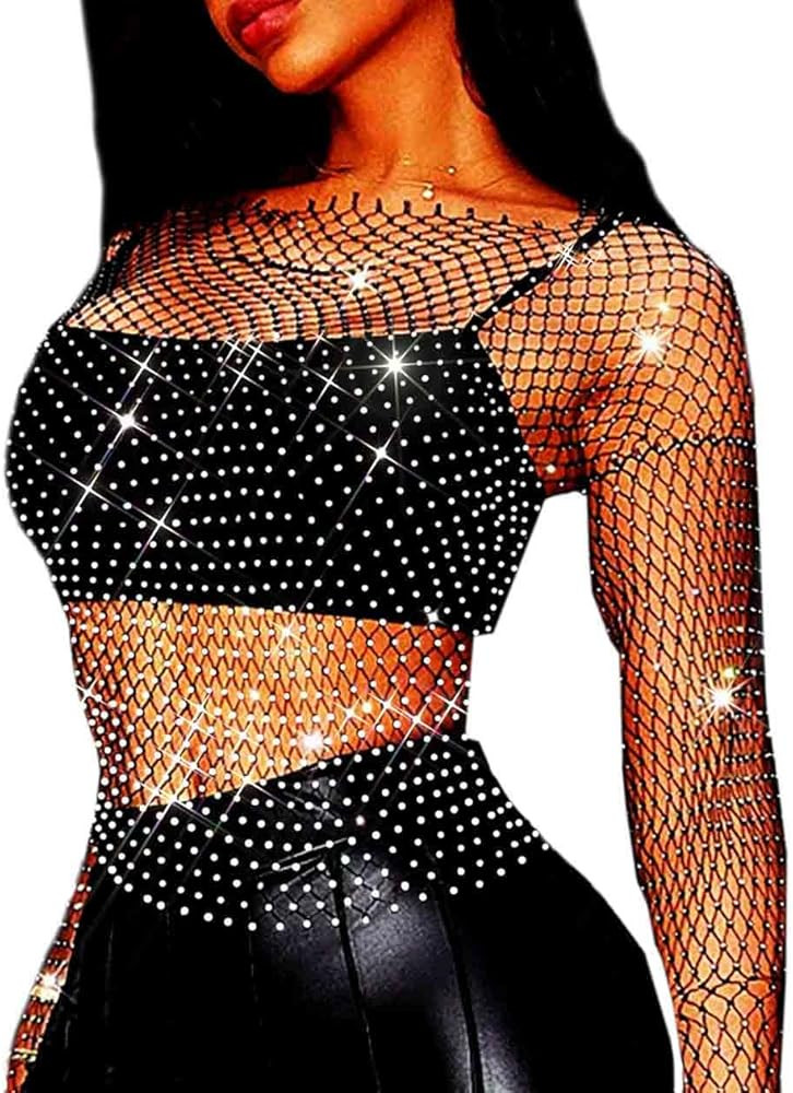 Fstrend Mesh Body Chains Crystal Long Sleeve Fishnet Crop Tops Rhinestone See Through Cover up Bi... | Amazon (US)