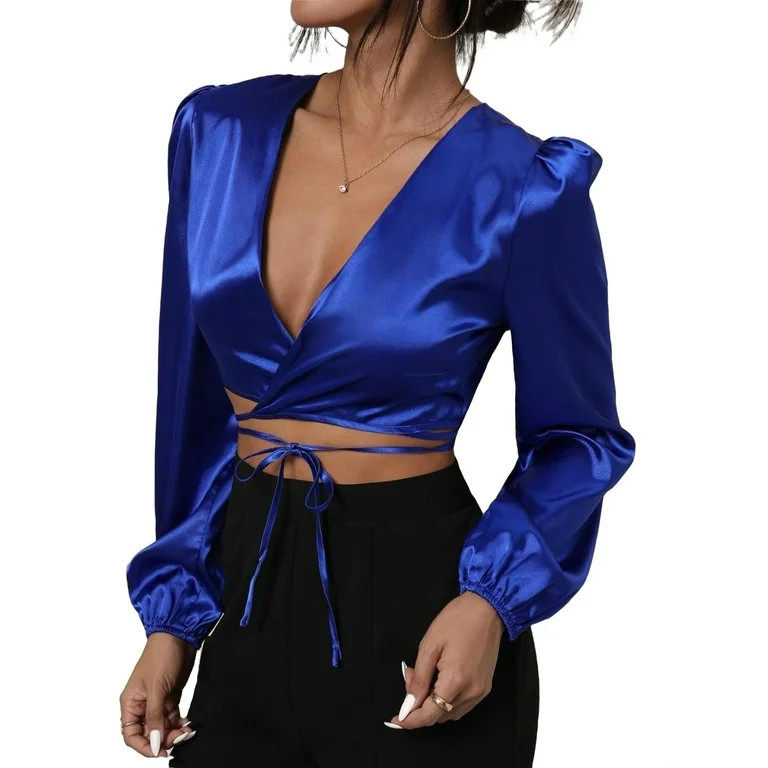Womens Blouse Tops Lantern Sleeve Crisscross Tie Front Wrap Top Royal Blue S | Walmart (US)
