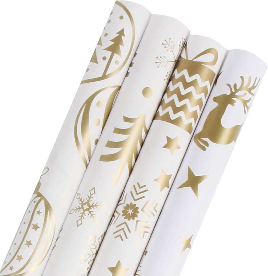 KIMOBER 4 Rolls Christmas Wrapping Paper with Cut Lines on Reverse,Coated Paper with Golden Chris... | Amazon (US)
