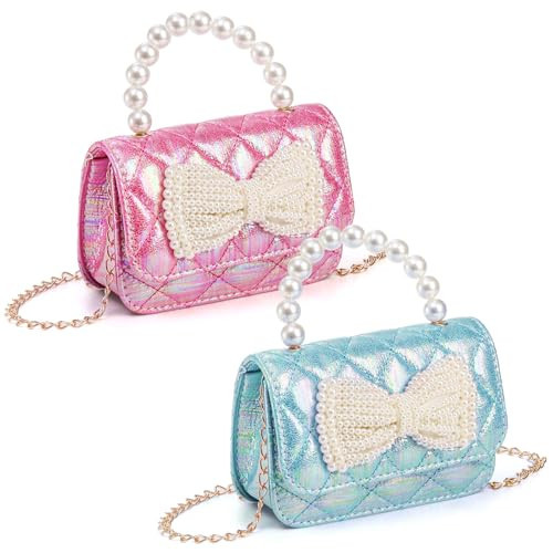 Acshio 2 Pack Girls Princess Purses, Sparkly Bow Handbags with Pearl Handle Detachable Chain, Small Cute Crown Crossbody Shoulder Bag for Toys Gifts | Amazon (US)