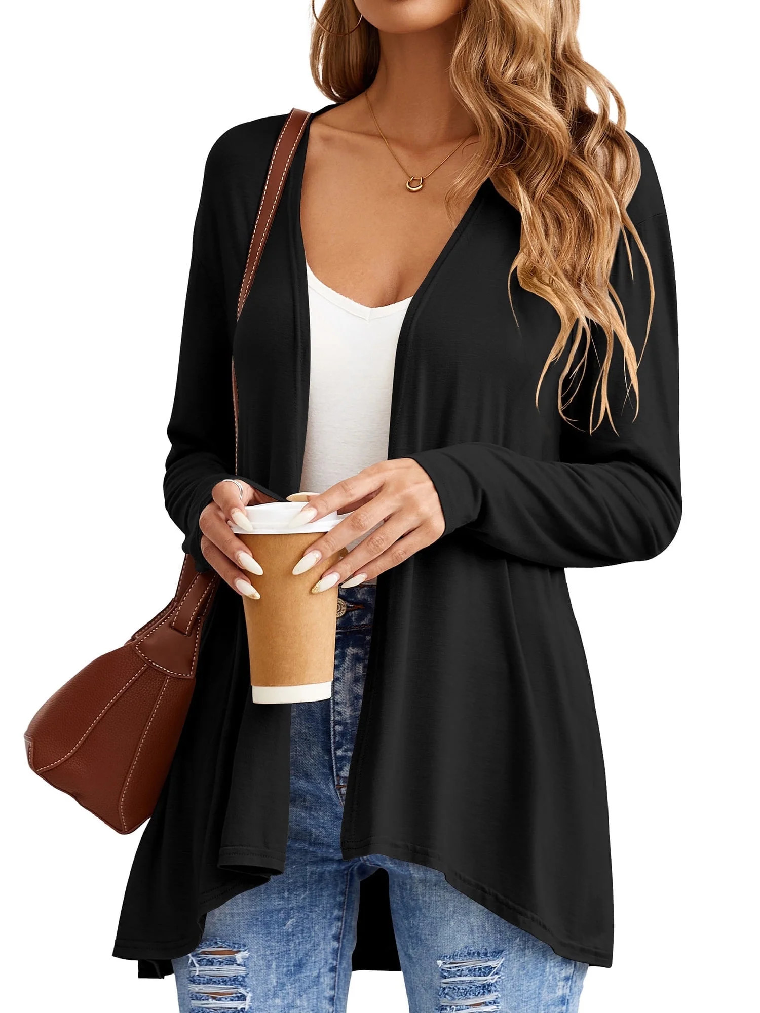 HOWCOME Women's Lightweight Open-Front Cardigan Sweater Casual Long Sleeve Cover Ups, Black, L | Walmart (US)