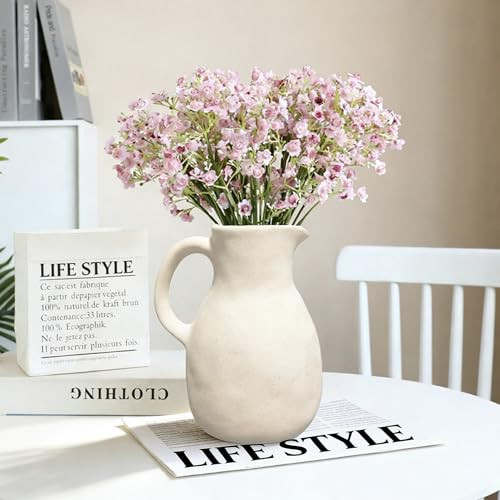 Rustic White Ceramic Vase for Home Decor, Antique Farmhouse Clay Jug Pitcher Vases for Aesthetic Textured Large Vintage Pottery with Handle for Centerpiece… | Amazon (US)