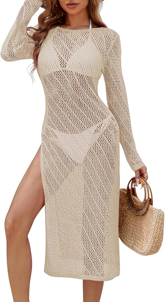 Pink Queen Swimsuit Coverup for Women 2025 Crochet Long Sleeve Hollow Out Mesh Knit Beach Cover U... | Amazon (US)