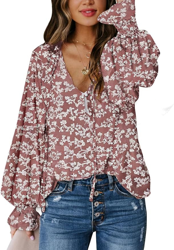 Biucly Women's Casual Boho Floral Print V Neck Long Sleeve Drawstring Tops Loose Blouses Button D... | Amazon (US)