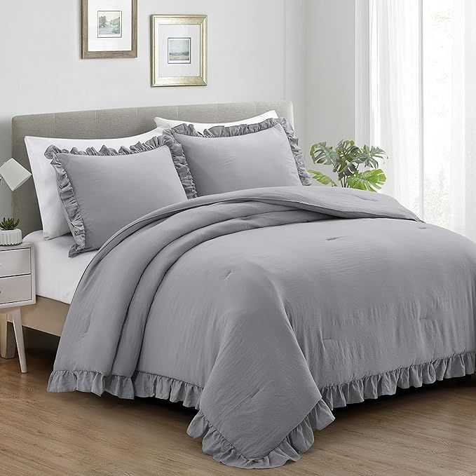 Home Bed Bedding Comforter Set - 3 Pieces Grey Queen Comforter Set, Farmhouse Bedding Set with Ru... | Amazon (US)