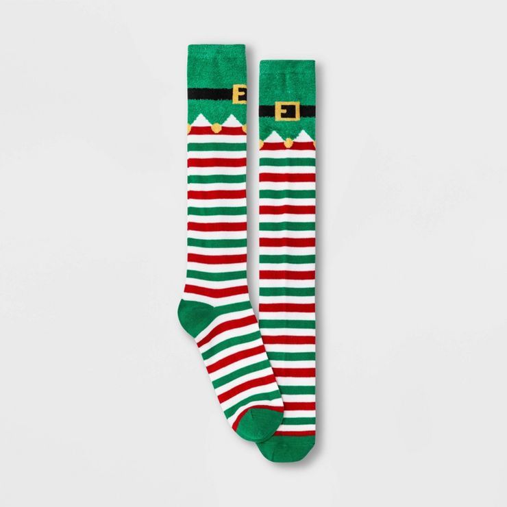 Women's Fuzzy Elf Striped Holiday Knee High Socks - Wondershop™ Green 4-10 | Target
