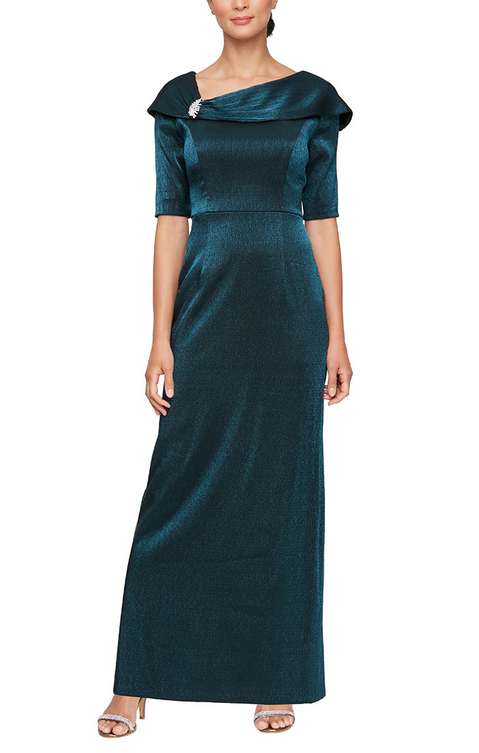 Long Shimmer Column Dress with Foldover Cuff L-Neckline and Elbow Sleeves | Alex Evenings