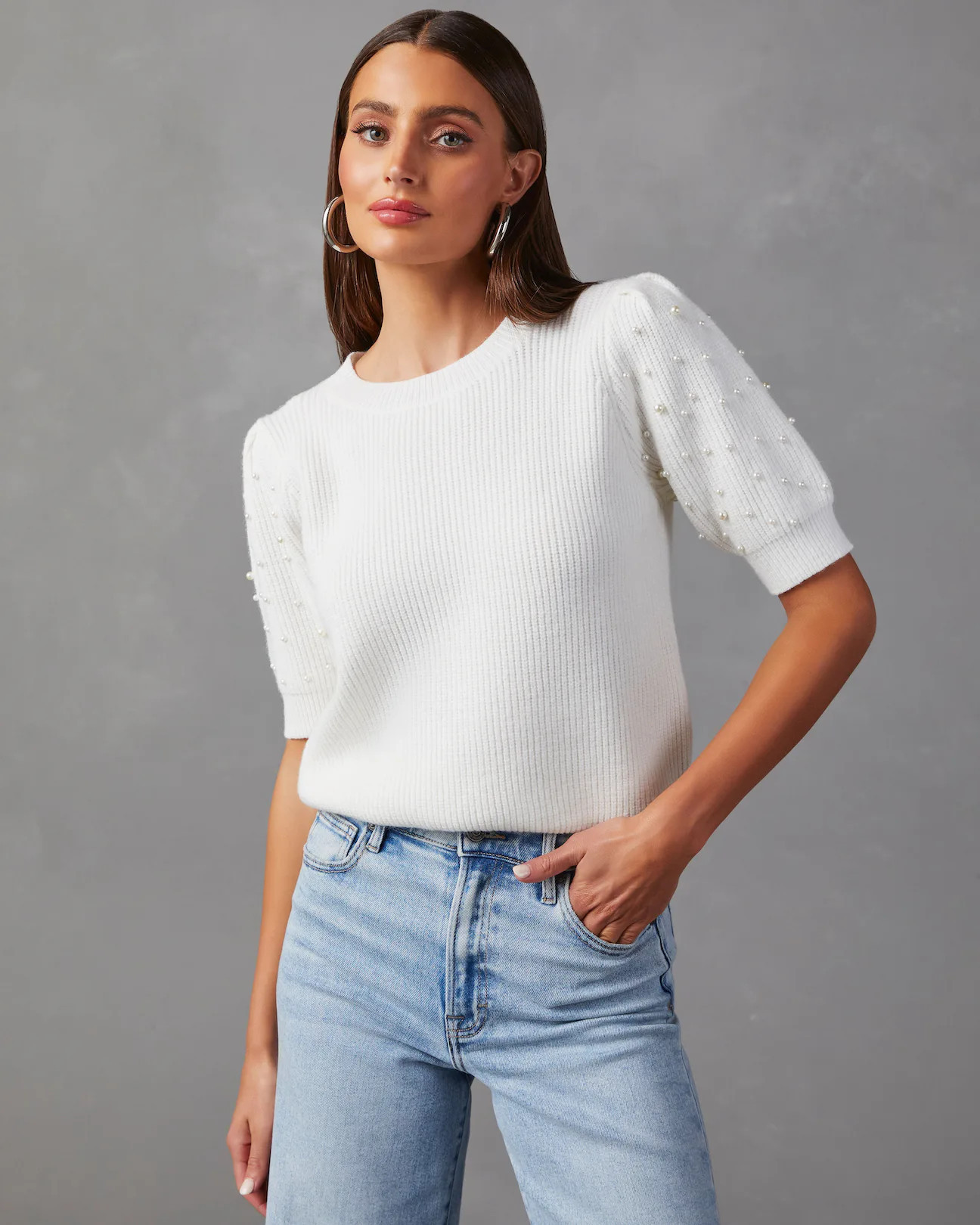 Tika Pearl Embellished Puff Sleeve Sweater | VICI