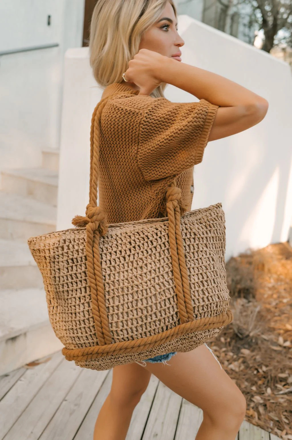 Khaki Straw Braided Tote Bag | Magnolia Boutique
