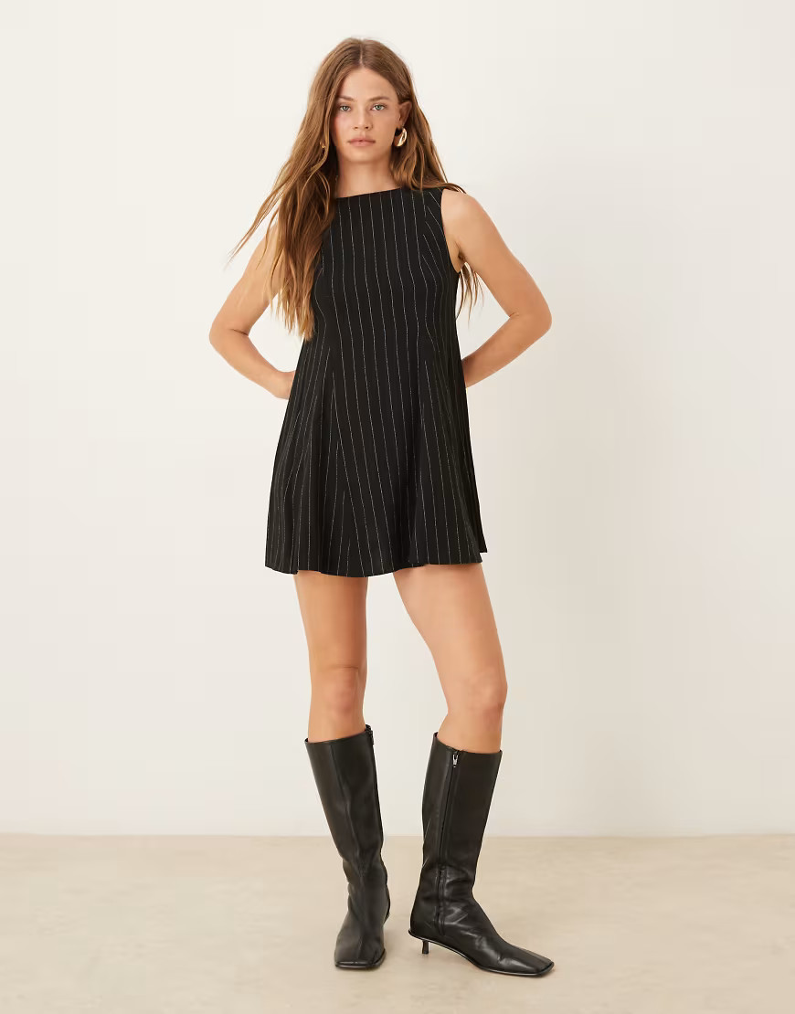 ASOS DESIGN shift linen look mini dress in black stripe | ASOS (Global)