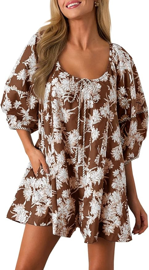 Cicy Bell Womens Summer Floral Romper Loose Scoop Neck Lantern Sleeve Short Jumpsuits Front Tie B... | Amazon (US)