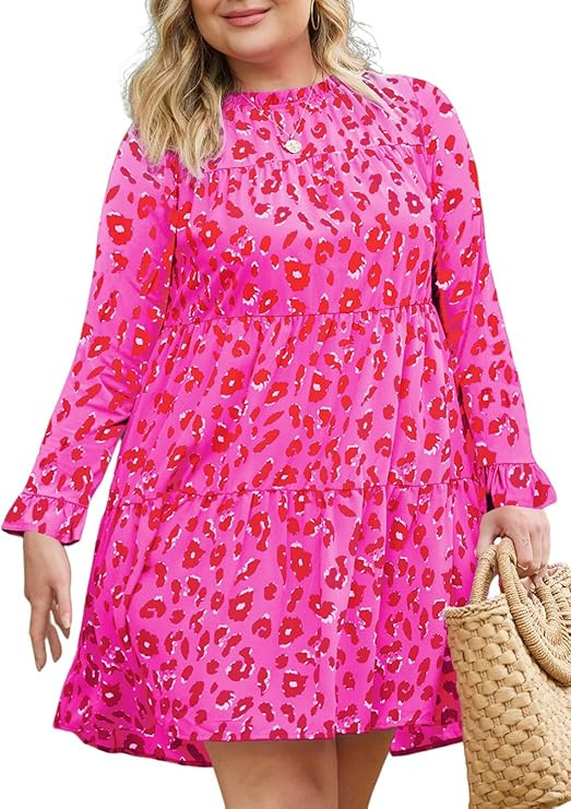 Eytino Womens Plus Size Dress Leopard Printed Crewneck Ruffle Sleeve Flowy Mini Dresses(1X-5X) | Amazon (US)