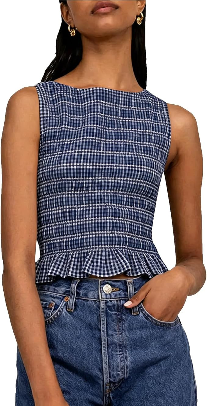 Women Shirred Tank Top Ruffle Sleeveless Tanks Frill Smocked Halter Cami Tops Summer Streetwear | Amazon (US)