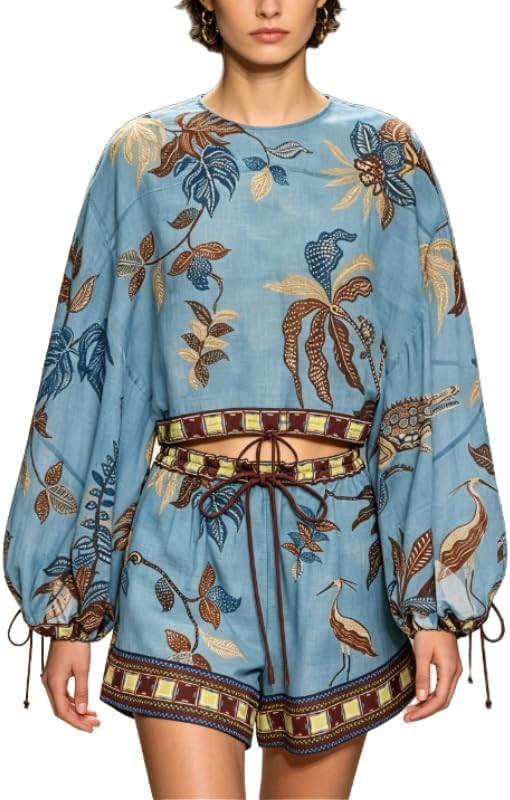Mandonce 2 Piece Sets For Women Loose Casual Crop Top Linen Printed Shorts With Long Sleeve Summe... | Amazon (US)