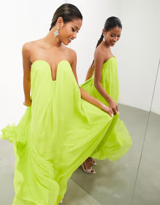 ASOS EDITION plunge front super full bandeau maxi dress in lime green | ASOS (Global)