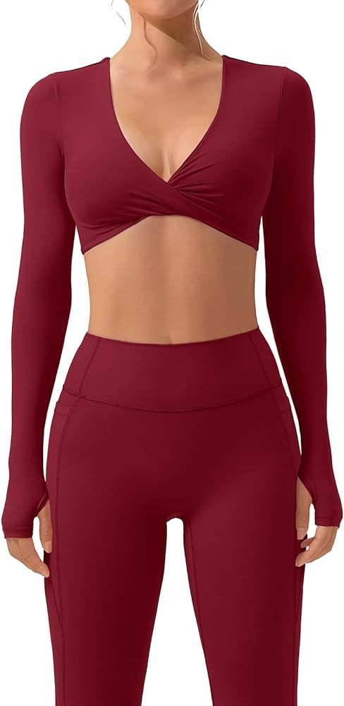 SUUKSESS Women 2 Piece Workout Sets Long Sleeve Twist Deep V Crop Padded Tops Yoga Leggings with ... | Amazon (US)