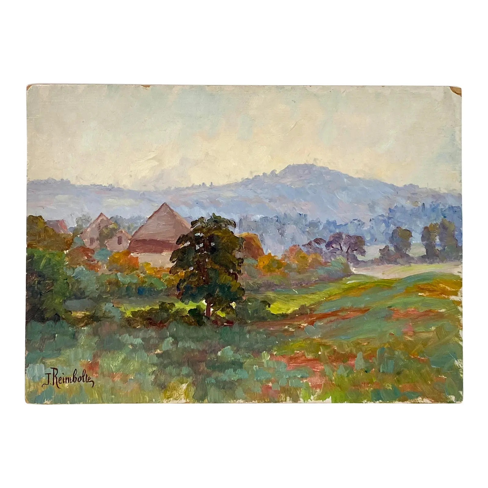 Antique French Landscape Oil Painting on Board | Chairish