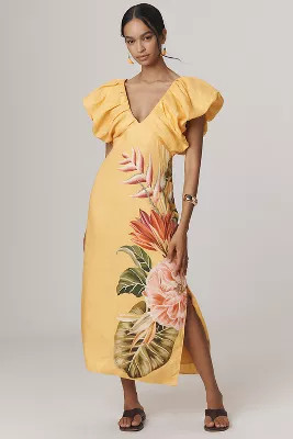 Farm Rio V-Neck Linen Midi Dress | Anthropologie (US)