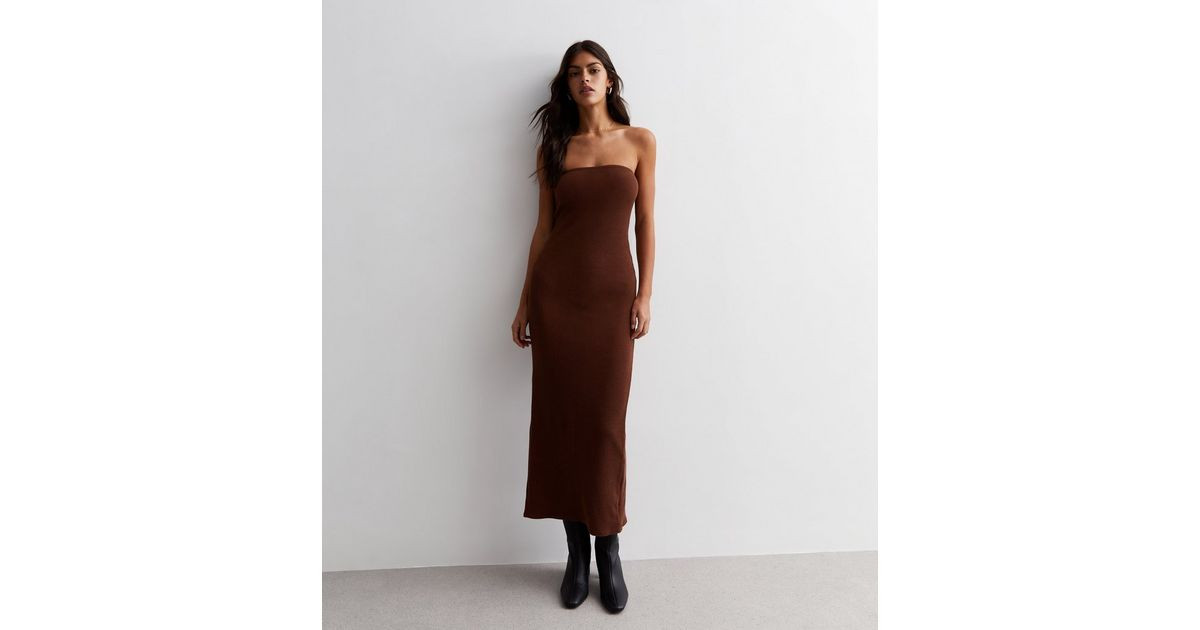 Dark Brown Ribbed Jersey Bandeau Midaxi Dress
						
						Add to Saved Items
						Remove from S... | New Look (UK)