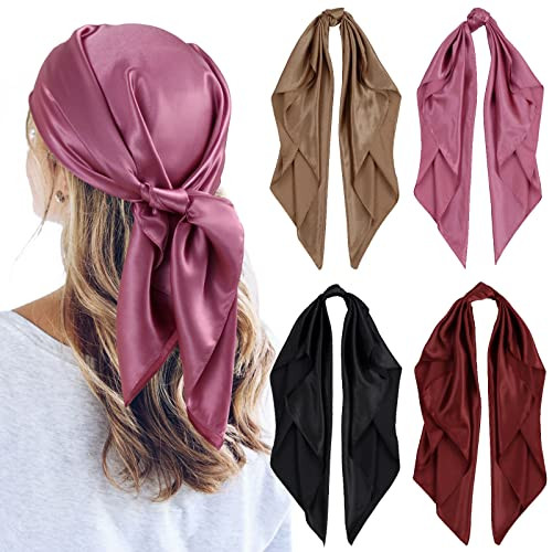 QBSM 4 Pcs 35'' Satin Head Scarf Silk Feeling Neck Scarves Hair Wrap for Sleeping Large Square Headscarf for Women | Amazon (US)