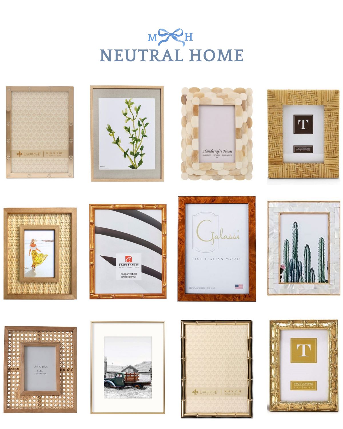 neutral picture frames natural wood gold cane coastal classic home decor | Amazon (US)