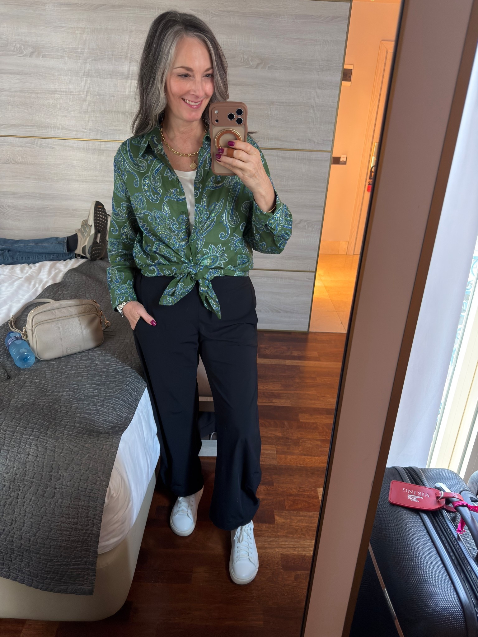 Daytime travel look for fall in Madrid! This Mango paisley blouse is lightweight over the white Quince tee. When it warmed up, I tossed the blouse over my shoulders. Ruti On the Loose Work Pants are amazing!!! 
Third year wearing the Birkenstock Bend Sneakers! So comfy! 
Pants: regular 8 and TTS
Both tops: mediumm



#LTKStyleTip #LTKOver40 #LTKTravel