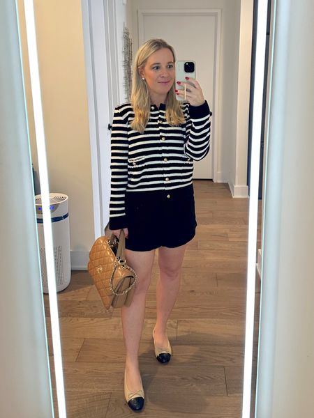 Lady jacket outfit inspo. Love this preppy style — wear out to lunch or switch shorts for pants to wear to the office.  

Stripe knit cardigan, linked a similar option on amazon.

Ballet flats, fall outfit

#LTKstyletip #LTKfindsunder50 #LTKshoecrush