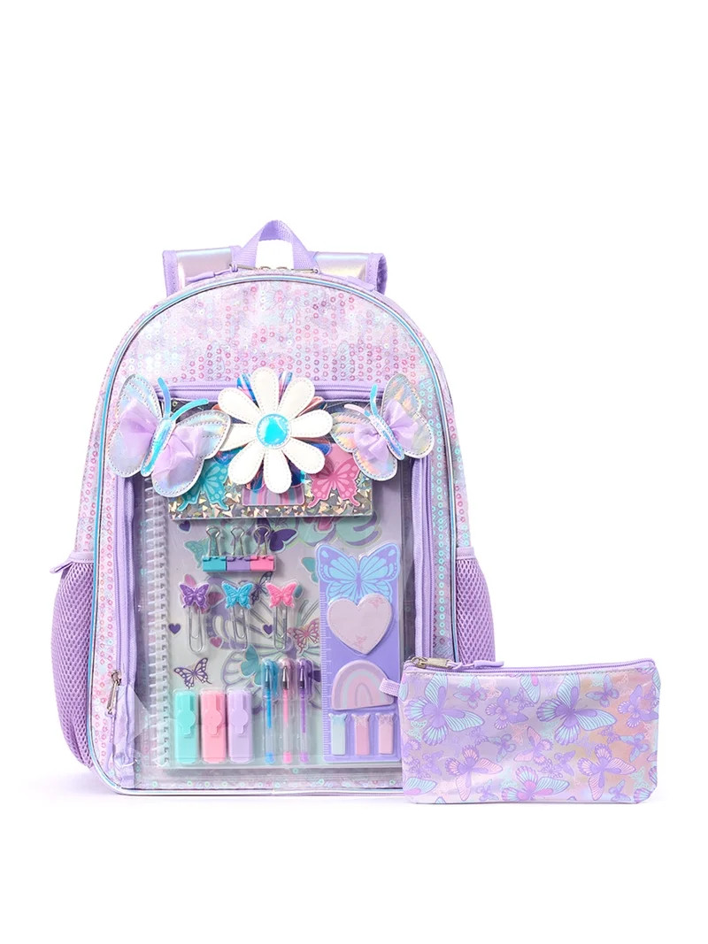 Schoolyard Vibes Girls' 17" Butterfly & Daisies Backpack & Stationary Set, Lavender | Walmart (US)