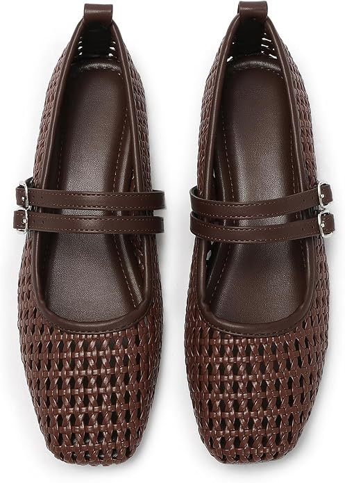 Women's Square Toe Mary Jane Woven Mesh Flats, Adjustable Buckle Strap | Amazon (US)