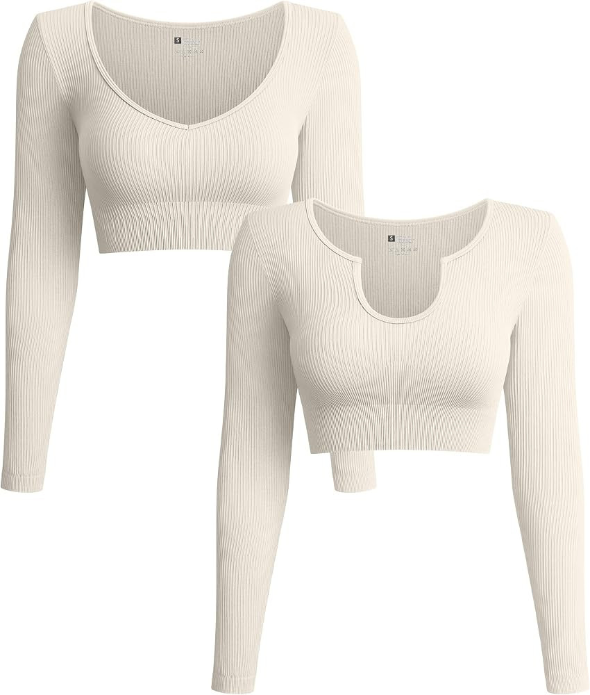 OQQ Women's 2 Piece Crop Top Ribbed Seamless Workout Exercise Yoga Basic Long Sleeve Crop Tops | Amazon (US)