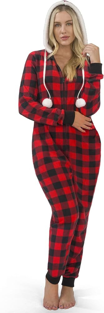 Giggling Getup Women Christmas Pajamas, Buffalo Plaid Pajamas with Hood, Flannel Sherpa One Piece... | Amazon (US)