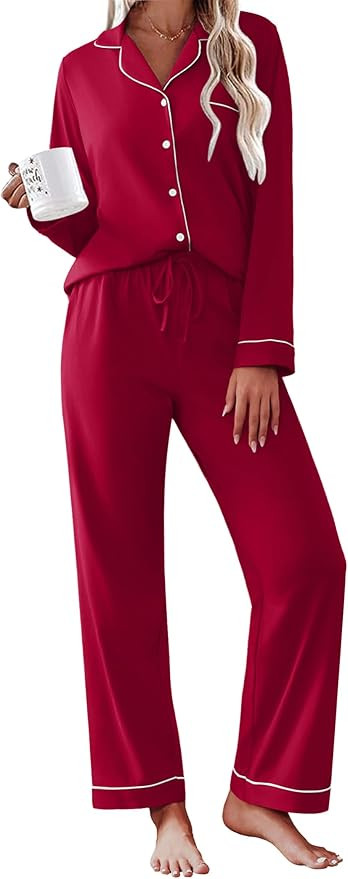 Ekouaer Womens Pajamas Set Cotton Long Sleeve Button Down Sleepwear Top and Long Pants Set Soft 2... | Amazon (US)