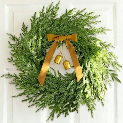 24” Christmas Wreath for Front Door, Real Touch Norfolk Christmas Wreaths with Ribbon Bow Bell Xmas Door Wreath for Indoor Outdoor Windows Wall Holiday Decor Christmas Decoration | Amazon (US)