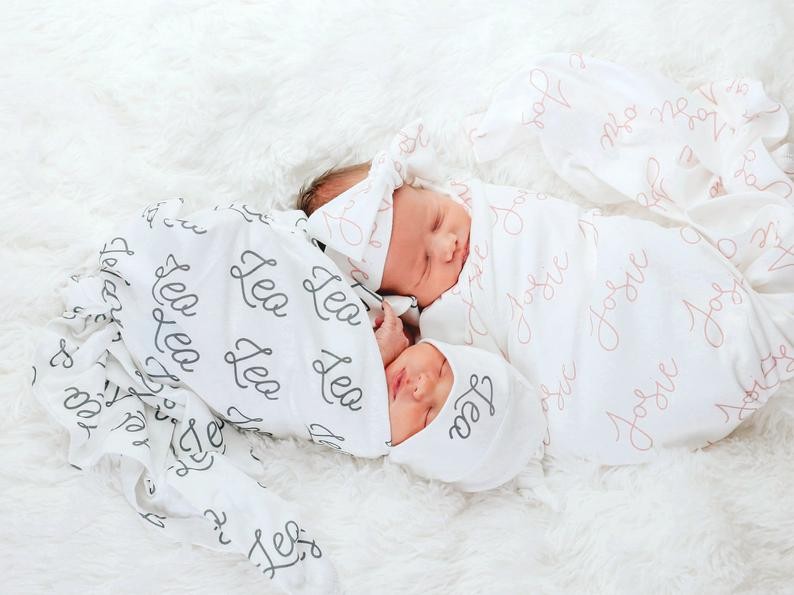 Personalized Baby Swaddle Blanket & optional newborn hat or bow - custom printed baby's name on 1... | Etsy (US)