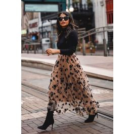 3D Posy Double-Layered Mesh Midi Skirt in Caramel for Date Nights & Holiday Parties | Chicwish