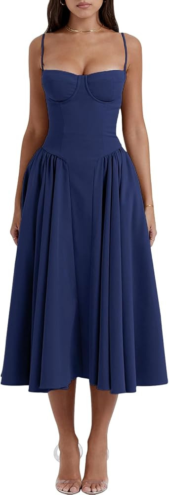 Womens Corset Dress Elegant Spaghetti Strap Midi Dress Flowy Pleated Hem Low Cut Prom Dresses Flo... | Amazon (US)