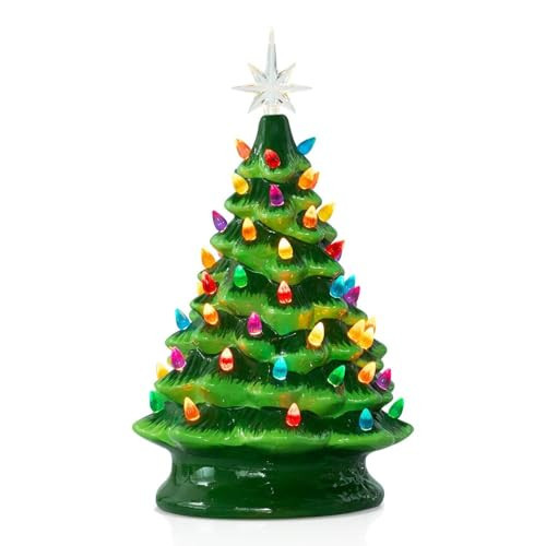 13 Inch Ceramic Christmas Tree, Lighted Tabletop Santa Claus Christmas Tree with Multicolored Lights and Star, Prelit Battery Operated Vintage Ceramic Tree for Office Table Holiday Decorations | Amazon (US)