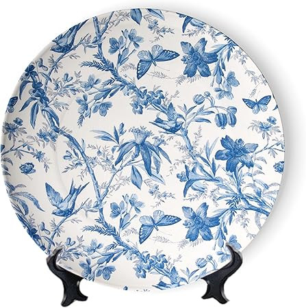 MOOMOO Blue and White Flower Decorative Plate Beautiful Butterfly Ceramic Wall Hanging Plate,Roun... | Amazon (US)