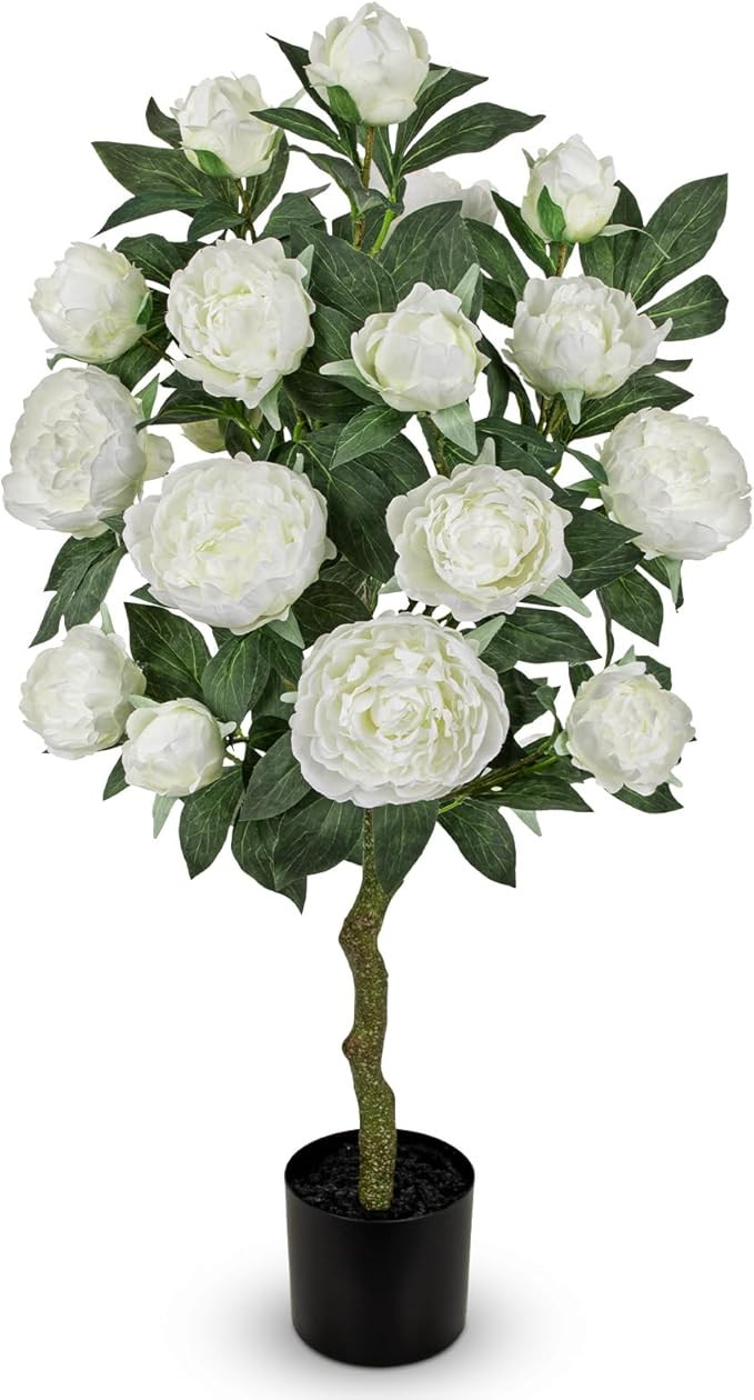 Hollyone White Fake Peonies Tree 3FT Peonies Artificial Flowers Tree in Pot Faux Peony Plants & F... | Amazon (US)