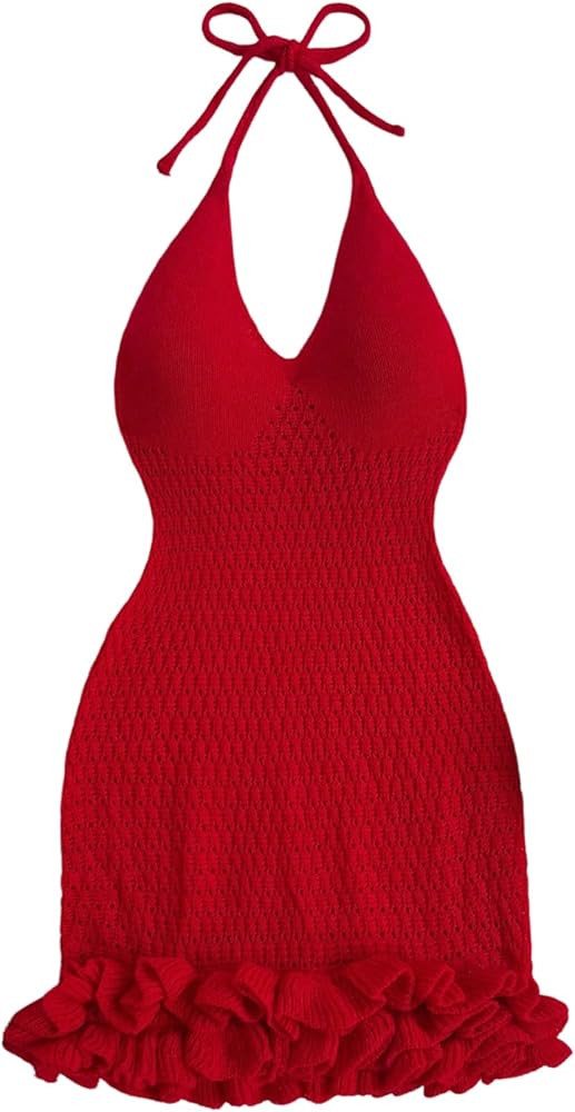 GORGLITTER Women's Crochet Halter Knit Bubble Backless Dresses Summer Vacation Festival Cruise Ha... | Amazon (US)
