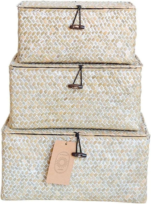 Sunlight Goods Woven Wicker Basket Set of 3, 100% Natural Seagrass Baskets for Organizing, Small ... | Amazon (US)