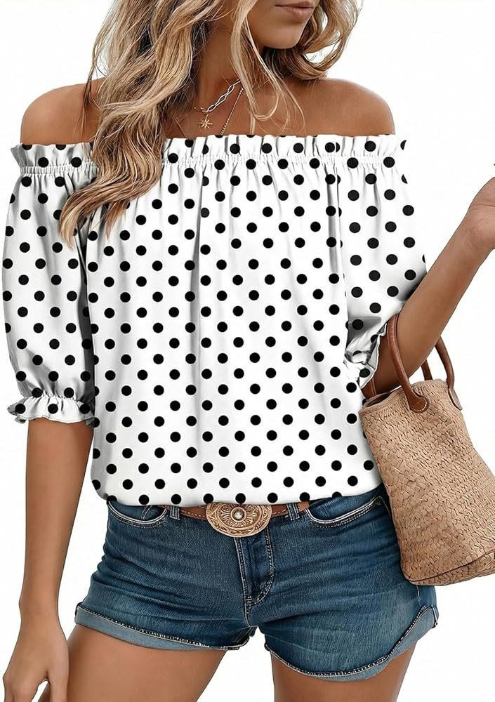 EVALESS Womens Tops Off The Shoulder Blouses for Women Dressy Casual Cute Puff Sleeve T Shirts Fa... | Amazon (US)