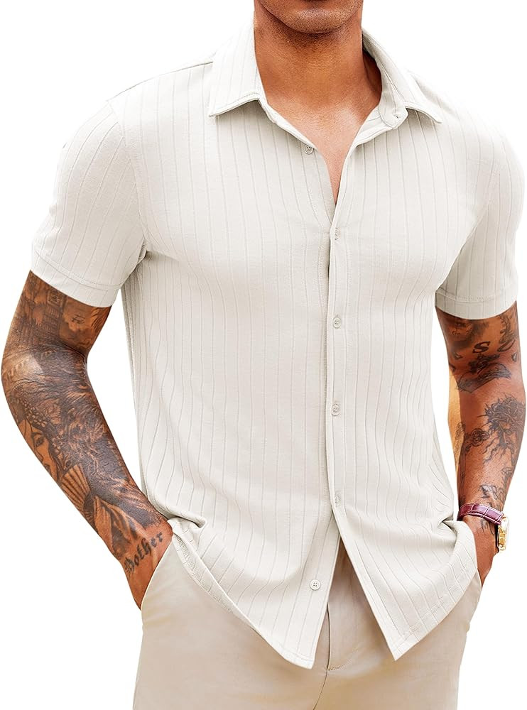 Runcati Mens Knit Button Down Shirts Short Sleeve Polo Shirt Vintage Summer Casual Beach Ribbed T... | Amazon (US)