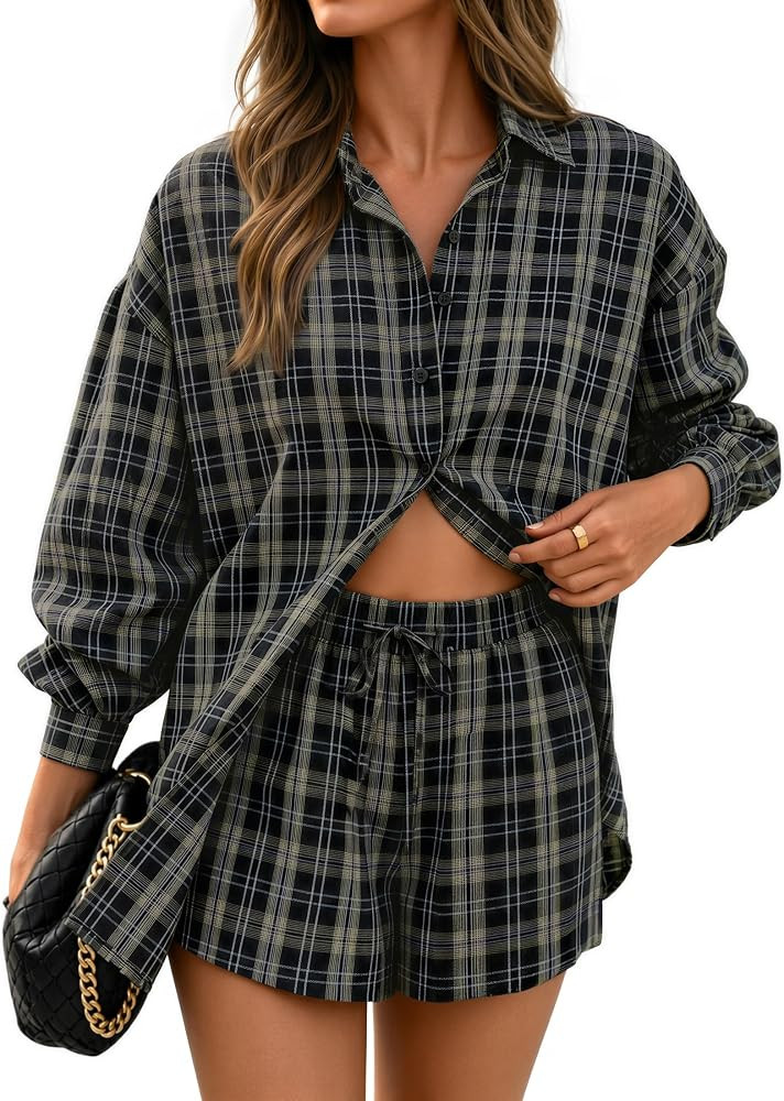 ZESICA Womens 2 Piece Long Sleeve Striped Plaid Casual Fall Shorts Sets | Amazon (US)