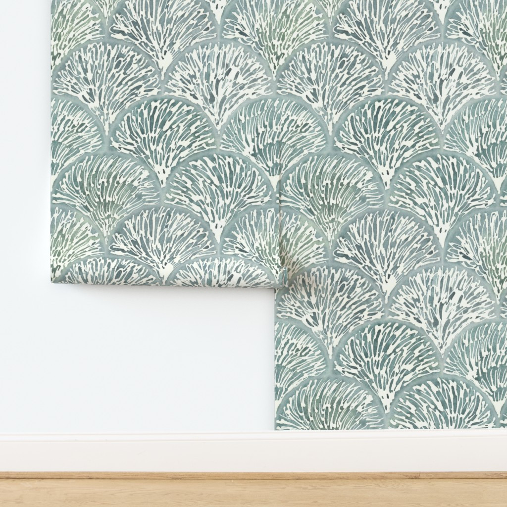 Coastal Chic Abstract Sea Inspired Fan Pattern - Large - Scallop Watercolor Wallpaper | Spoonflow... | Spoonflower