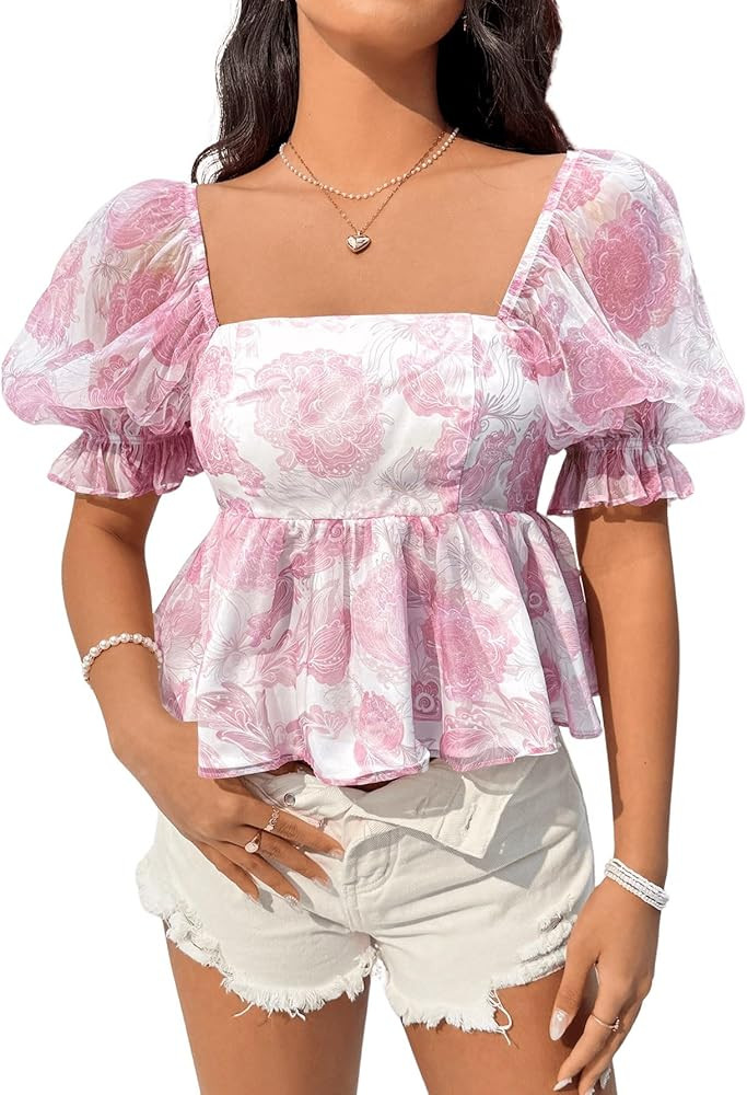 Women's Floral Square Neck Tie Back Blouse Puff Short Sleeve Shirred Peplum Tops | Amazon (US)