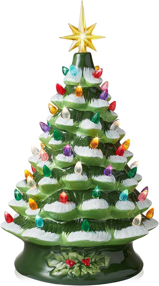 Casafield Hand Painted Ceramic Christmas Tree, Green Snow Flocked 15-Inch Pre-Lit Tree with 128 M... | Amazon (US)