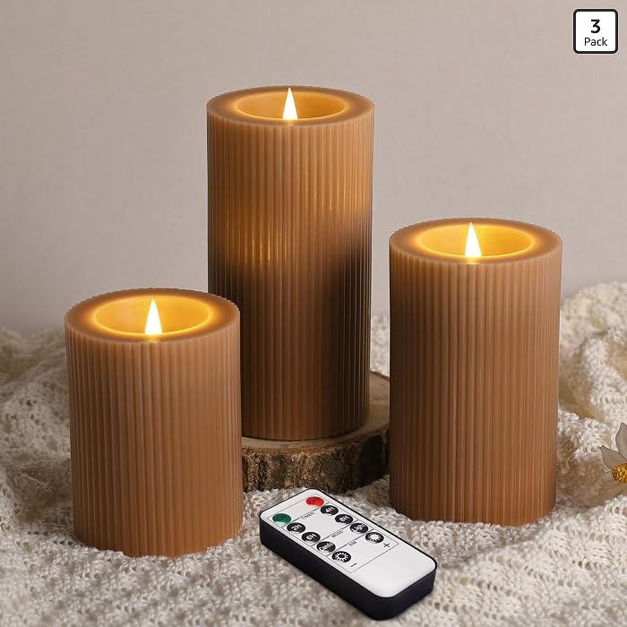 Brown Ribbed Moving Flame Flameless Pillar Candles with Remote | Amazon (US)