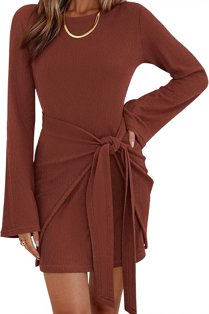 dowerme Women Bell Long Sleeve Tie Waist Bodycon Mini Dress | Amazon (US)
