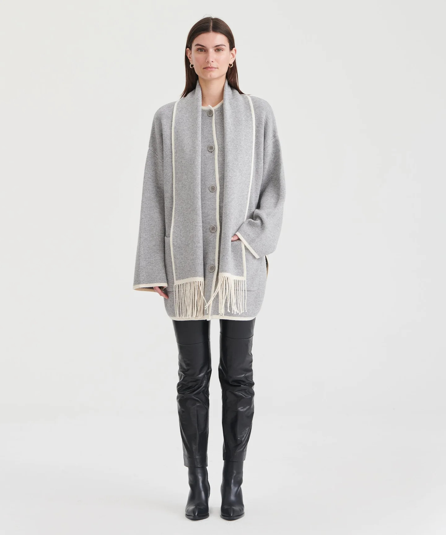 Cashmino Contrast Stitch Sweater Jacket with Removable Scarf | NAADAM